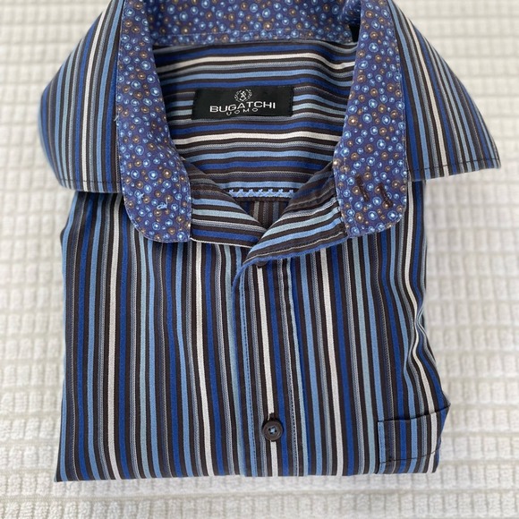 Bugatchi Uomo Men's Striped Shirt Size Large Black Blue Grey - Picture 5 of 5